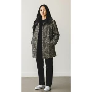 Maria Sole Italy Wool Blend Tweed Coat Black Gray White Single-Breasted Size L